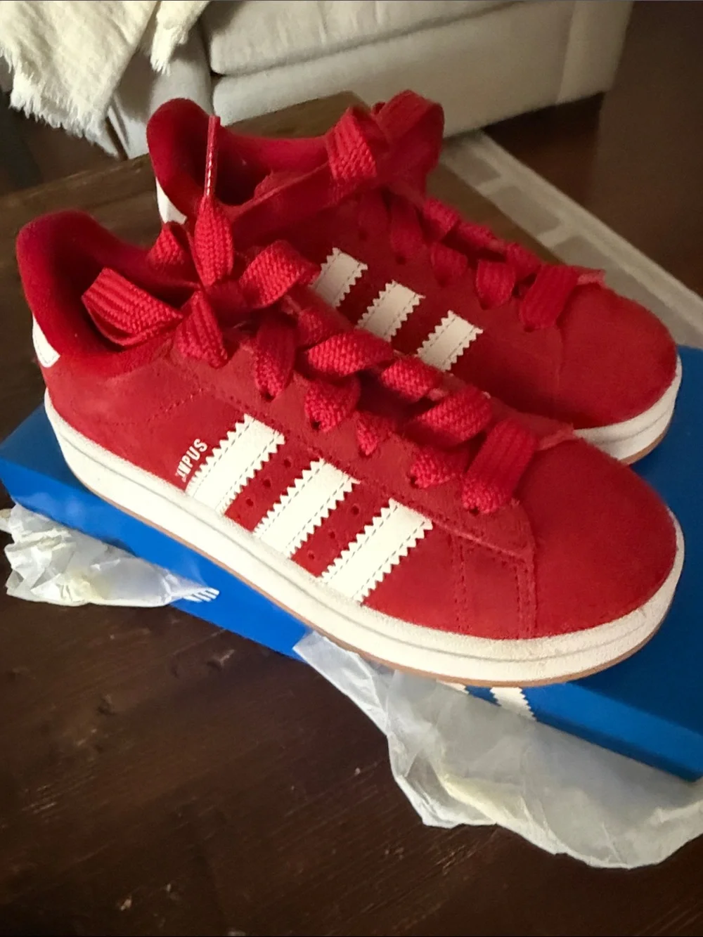 Boys adidas campus Red Suede Sneakers with White Stripes. Size 1.